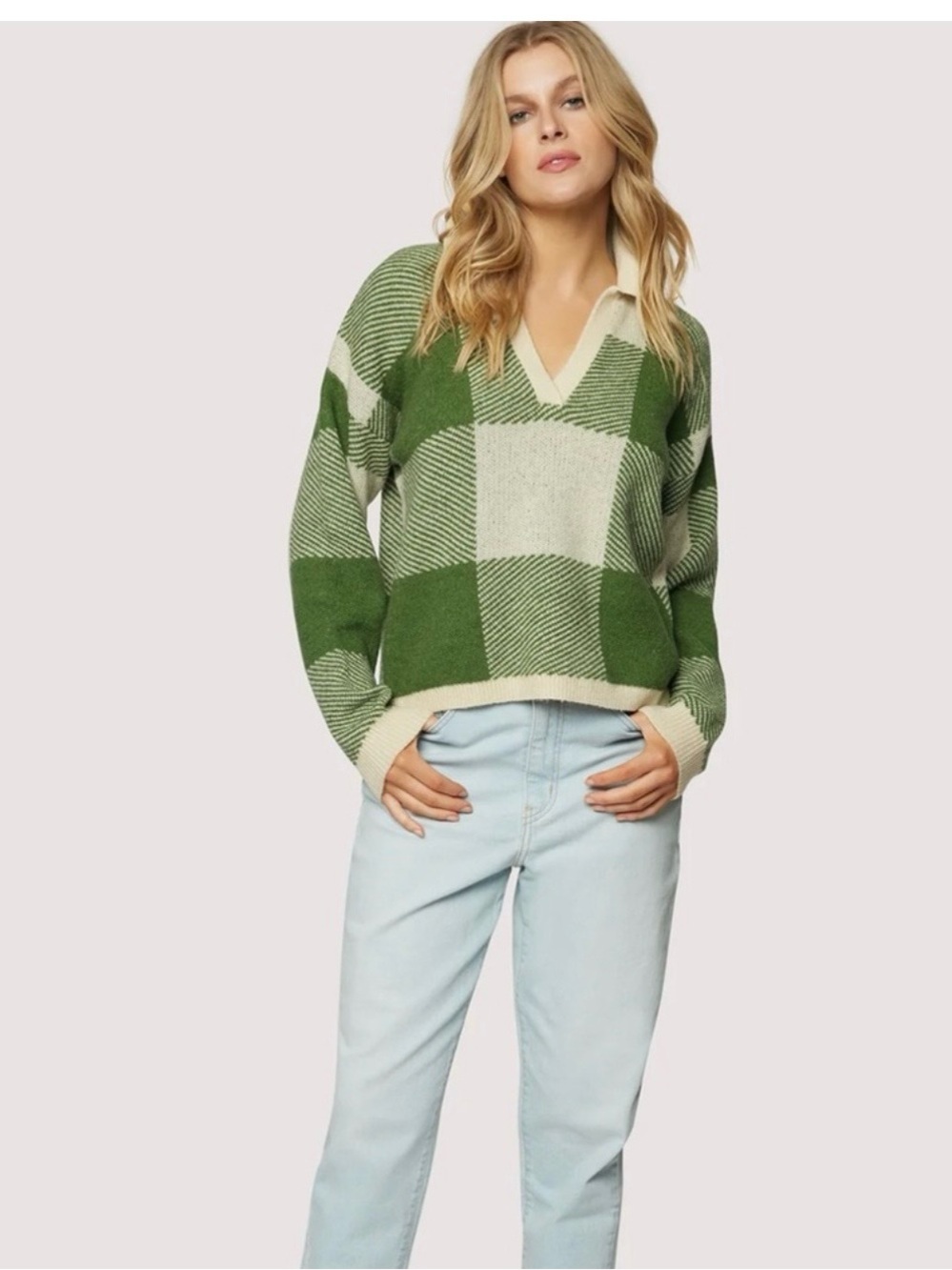 Lost + Wander Green and Cream Buffalo-Check V-Neck Sweater